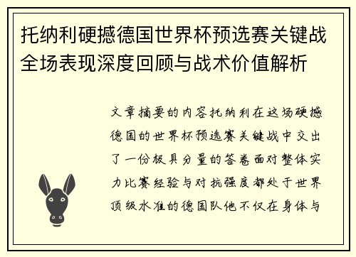 托纳利硬撼德国世界杯预选赛关键战全场表现深度回顾与战术价值解析