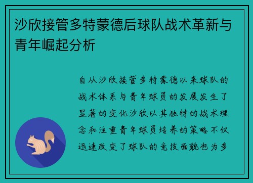 沙欣接管多特蒙德后球队战术革新与青年崛起分析 沙欣接管多特蒙德后球队战术革新与青年崛起分析